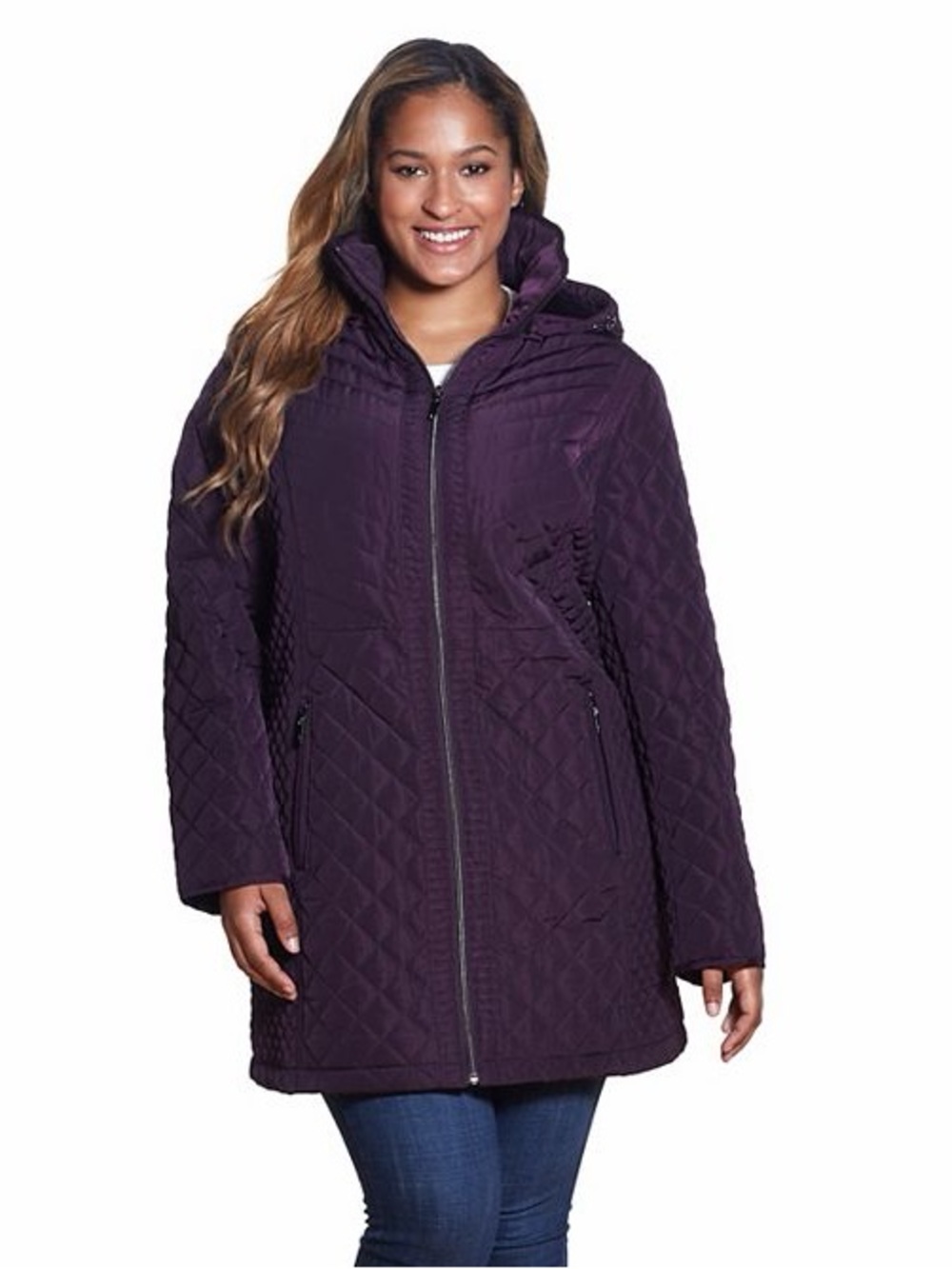 NWT Gallery Plus Size Quilted Faux-Fur Hood Jacket Coat Plum 1X